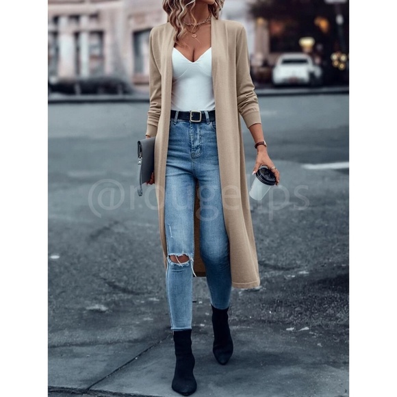 Beige Khaki Tan Light Duster Cardigan Open Long Sleeve  Knit, Stretchy - Picture 3 of 8